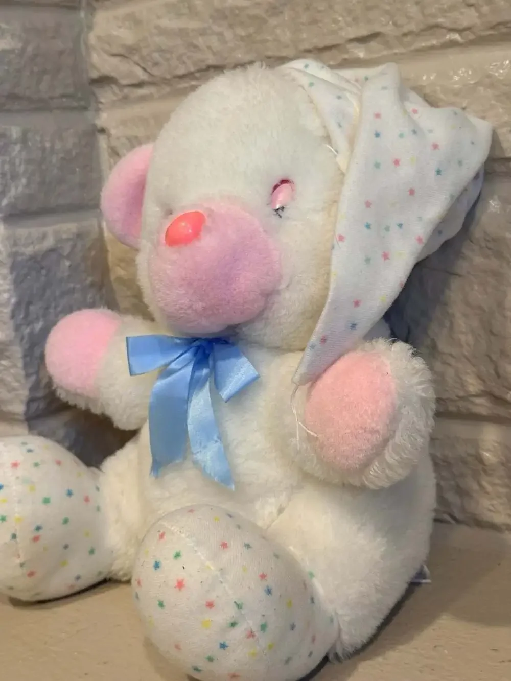 America's Sweethearts White Teddy Bear with Pink Accents and Star Pajama Cap